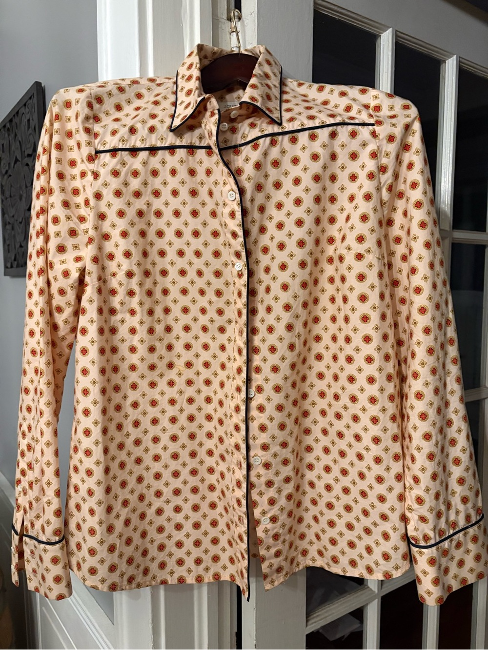 J. Crew Cream Printed Button-Front Jacket with Black Piping